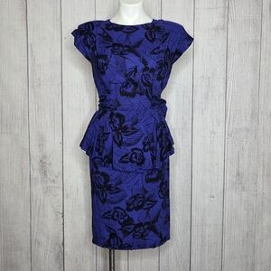 Vintage 80s Joni Blair Purple Floral Peplum Dress | Shoulder Pads - sz Small